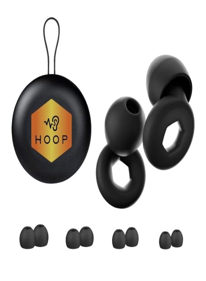 Hoop Ear Plugs for Quiet Noise Reduction - Reusable Earplug Hearing Protection - Soft Silicone for Sleep, Travel, Noise Sensitivity, Meditation - 8 Ear Tips in XS/S/M/L - Noise Canceling - Black - Image 1